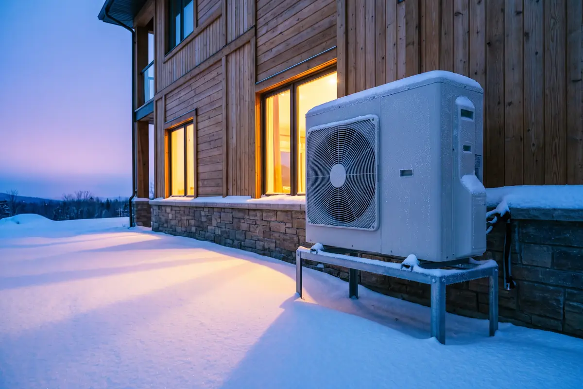 A heat pump outdoor unit standing in deep snow beside a house at dusk, warm light on the snow