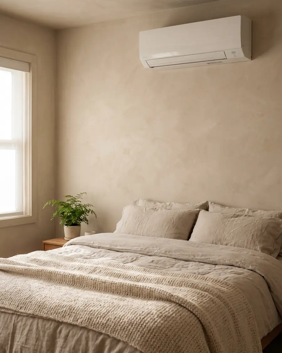 A slim white ductless mini split head mounted high on a bedroom wall above oat linen bedding