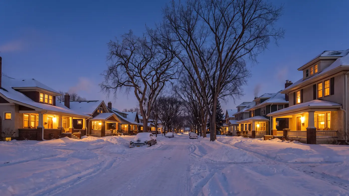 A snowy Minneapolis street of craftsman bungalows with warm light in every window at dusk