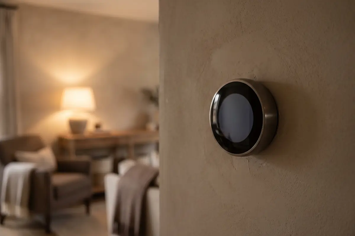 A smart thermostat on a warm plaster wall with a softly lit living room behind it